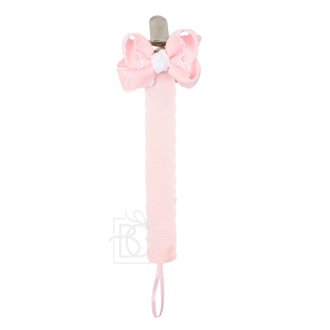 Light Pink & White Crochet Edge Grosgrain Pacifier Clip- Detachable Bow