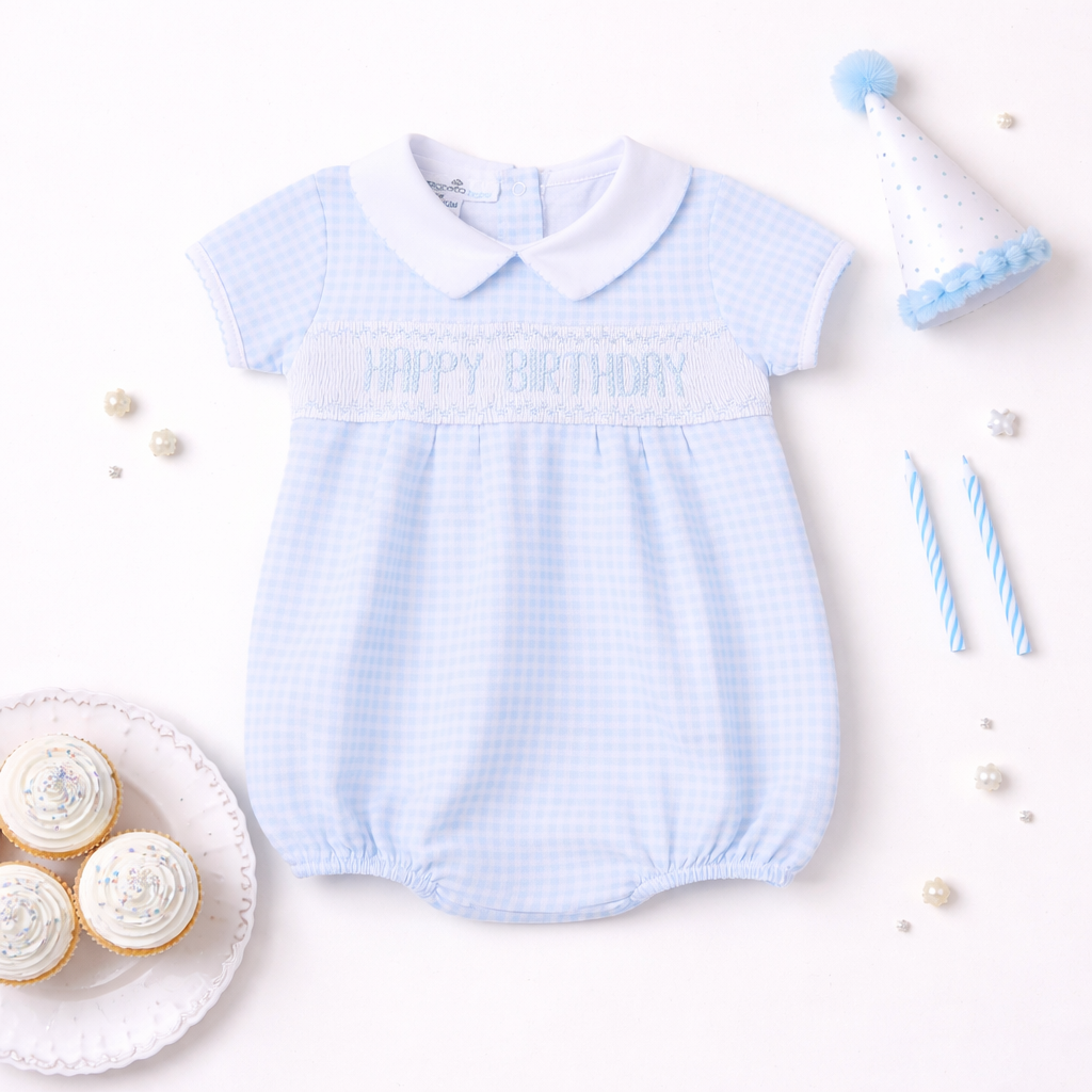 Birthday Classics Smocked Short Sleeve Bubble- Blue