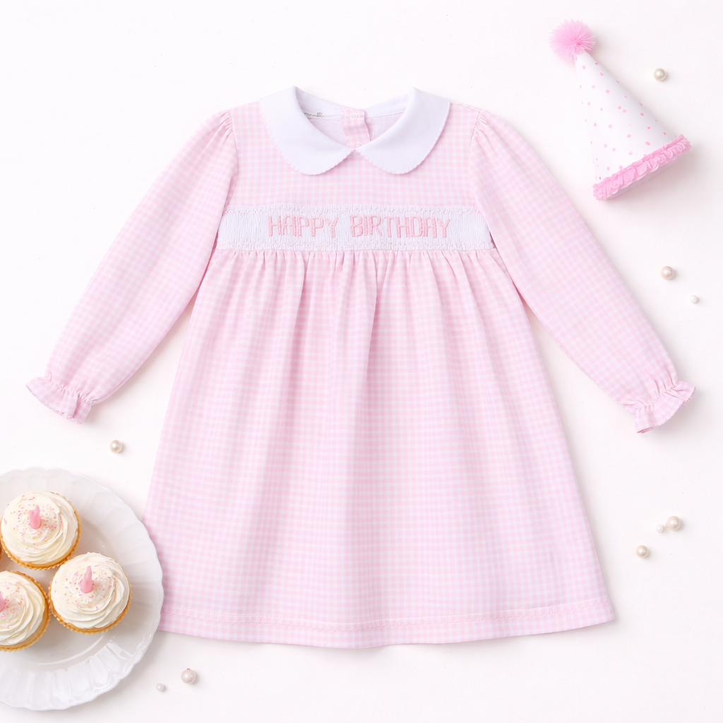Pink Birthday Classics Smocked Long Sleeve Dress