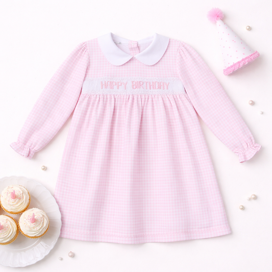 Pink Birthday Classics Smocked Long Sleeve Dress